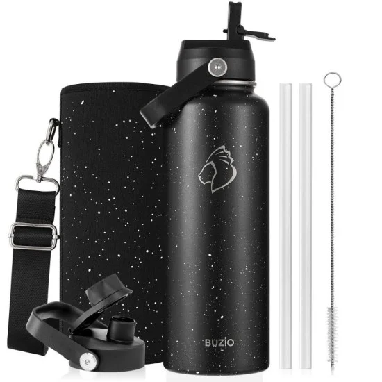 Buzio Duet Series Water Bottle with 2 Lids and Sleeve 1.2L - Starry Black